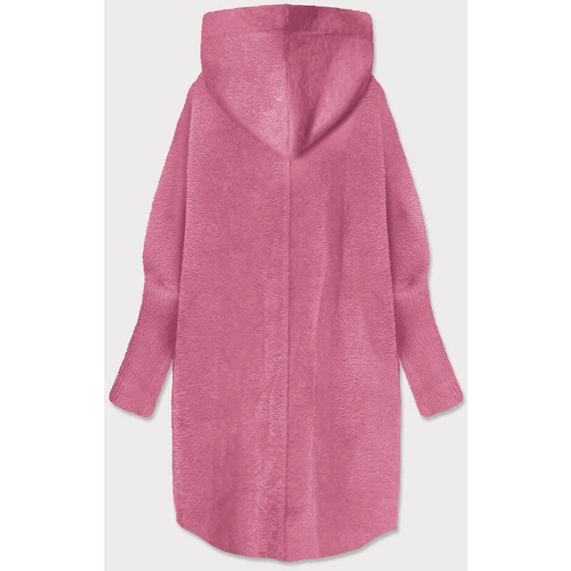 MADE IN ITALY Světle růžový dlouhý vlněný přehoz přes oblečení typu alpaka s kapucí (908)