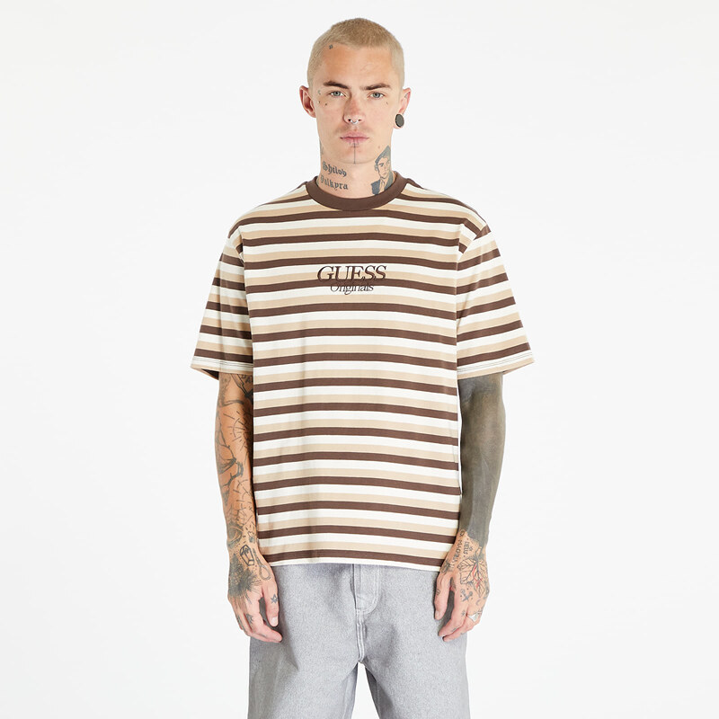 Pánské tričko GUESS Horizontal Stripe Tee Coarse Brown Multi