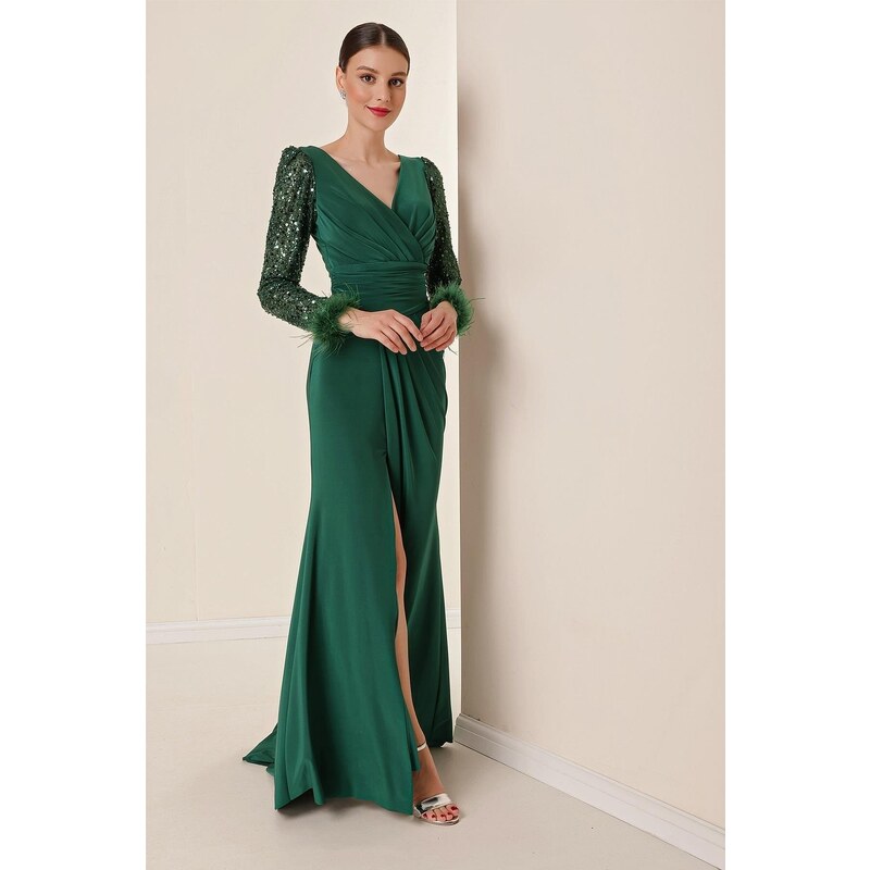 By Saygı Double-breasted Collar Draped Long Sleeves Lined Lycra Dress with Stitching Feather Detail Emerald.