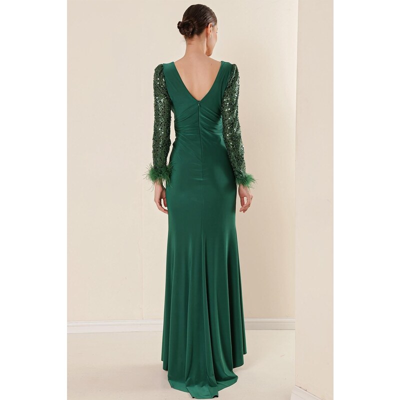 By Saygı Double-breasted Collar Draped Long Sleeves Lined Lycra Dress with Stitching Feather Detail Emerald.