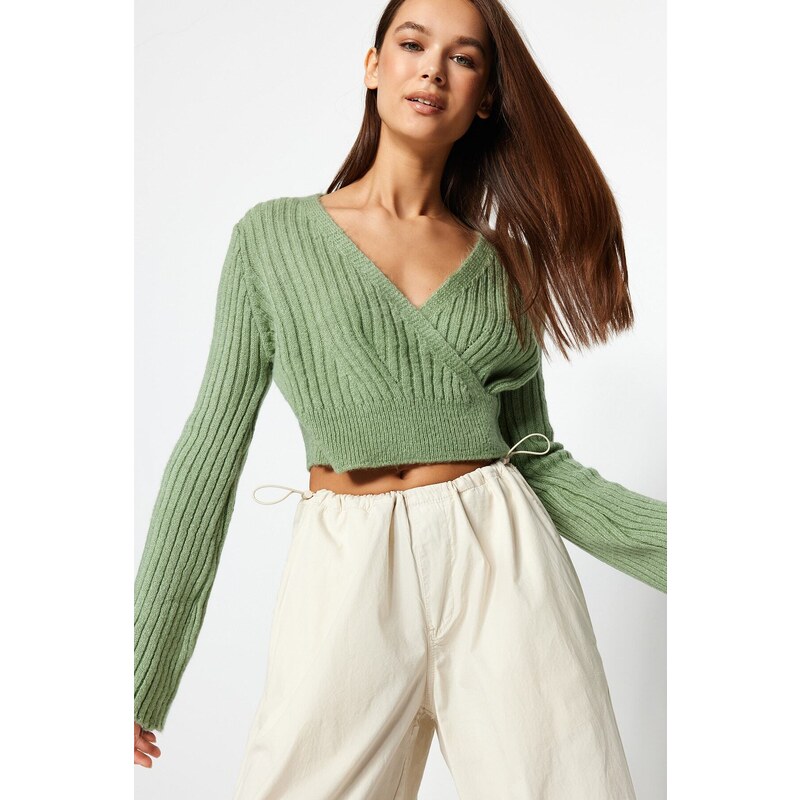 Trendyol Mint Crop Měkký texturovaný dvouřadý pletený svetr 115594927