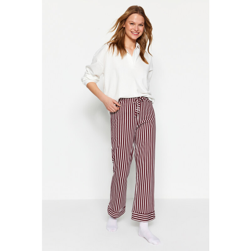 Trendyol Claret Red 100% Cotton Striped Knitted Pajama Bottoms