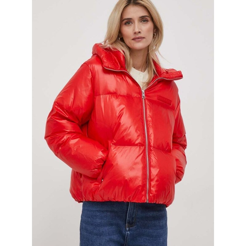 Péřová bunda Tommy Hilfiger dámská, červená barva, zimní