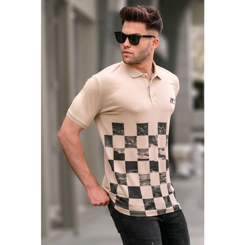 Madmext Beige Patterned Men's Polo Neck T-Shirt 5871