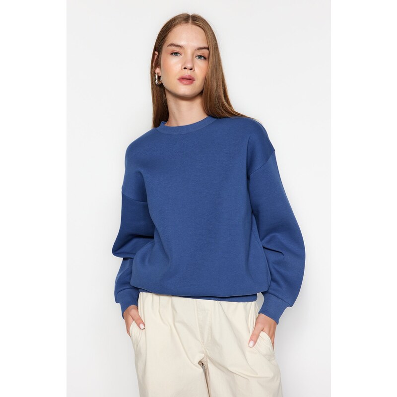 Trendyol Indigo Thick Fleece Regular/Normal Fit Crew Neck Basic Knitted Sweatshirt