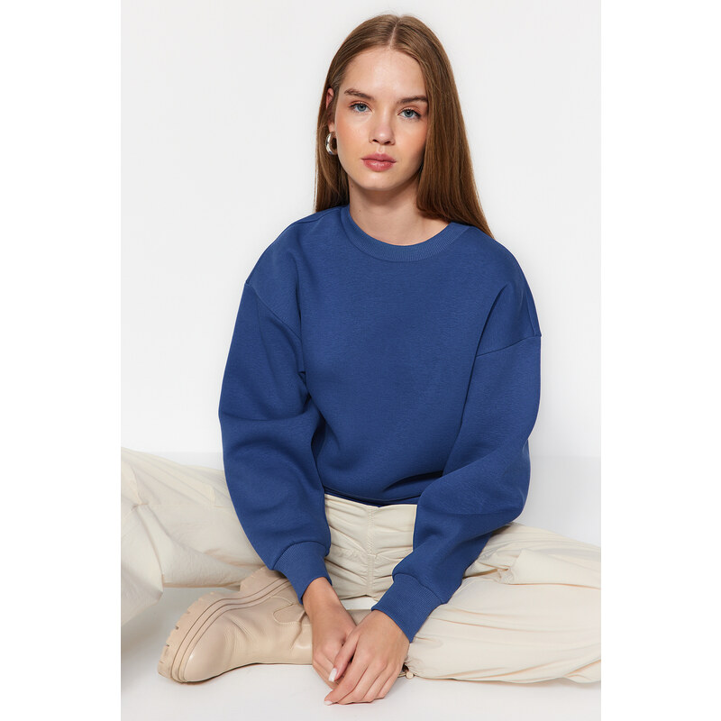 Trendyol Indigo Thick Fleece Regular/Normal Fit Crew Neck Basic Knitted Sweatshirt