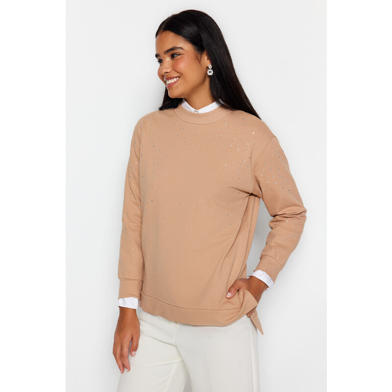 Trendyol Beige Stoned Knitted Tunic with Slits on the Sides