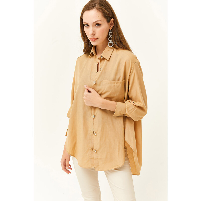 Olalook Women's Camel Side Button Detailed Oversize Woven Shirt