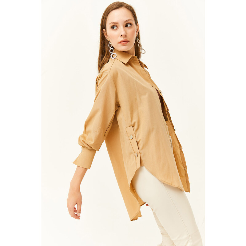 Olalook Women's Camel Side Button Detailed Oversize Woven Shirt