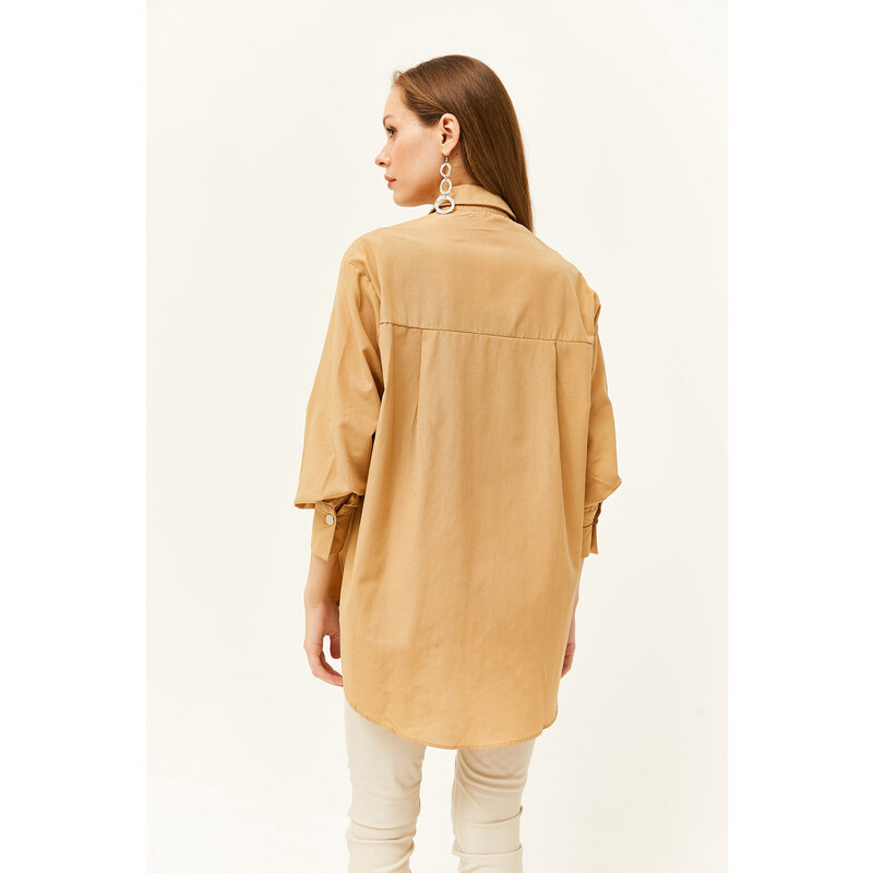 Olalook Women's Camel Side Button Detailed Oversize Woven Shirt