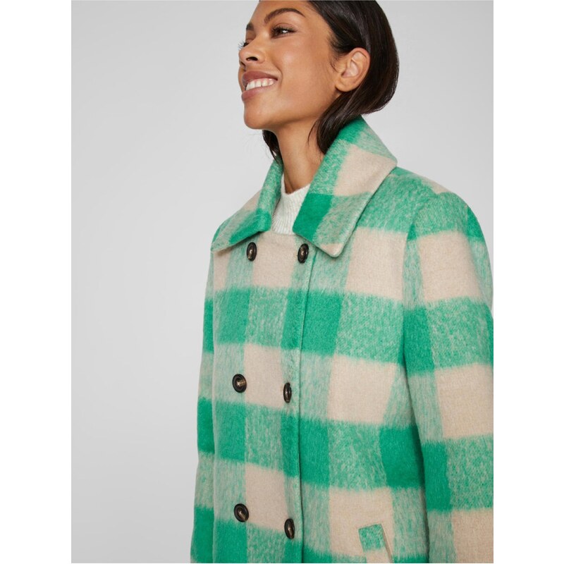 Zeleno-béžový dámský kostkovaný kabát VILA Viorta - Dámské