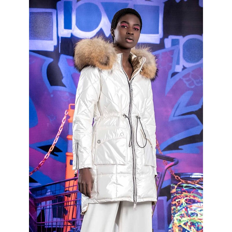 LOCO LUXO Prošívaný bílý kabát s kapucí