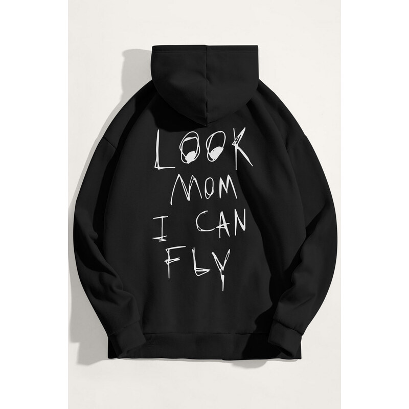 Mikina s Kapucí, Barva Černá, s Potiskem I Can Fly
