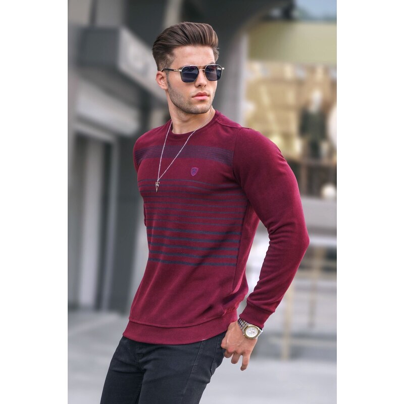 Madmext Claret Red Striped Crew Neck Knitwear Sweater 5961
