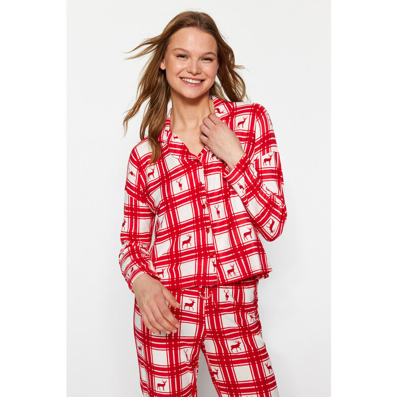 Trendyol Red Deer Printed Plaid Shirt-Pants Knitted Pajamas Set