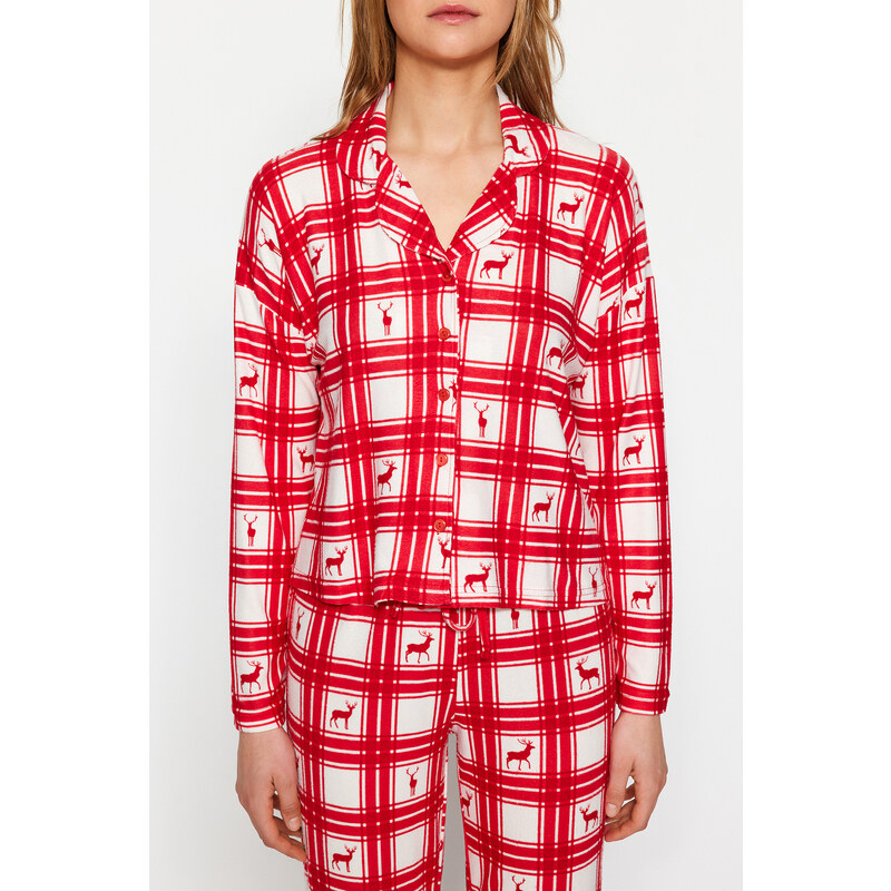 Trendyol Red Deer Printed Plaid Shirt-Pants Knitted Pajamas Set