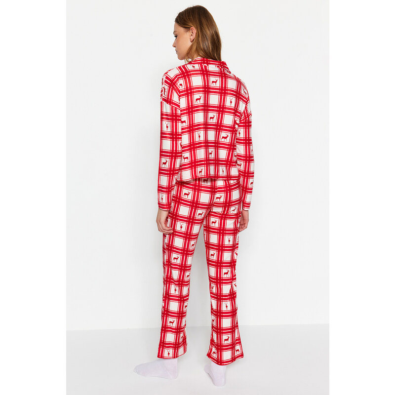 Trendyol Red Deer Printed Plaid Shirt-Pants Knitted Pajamas Set