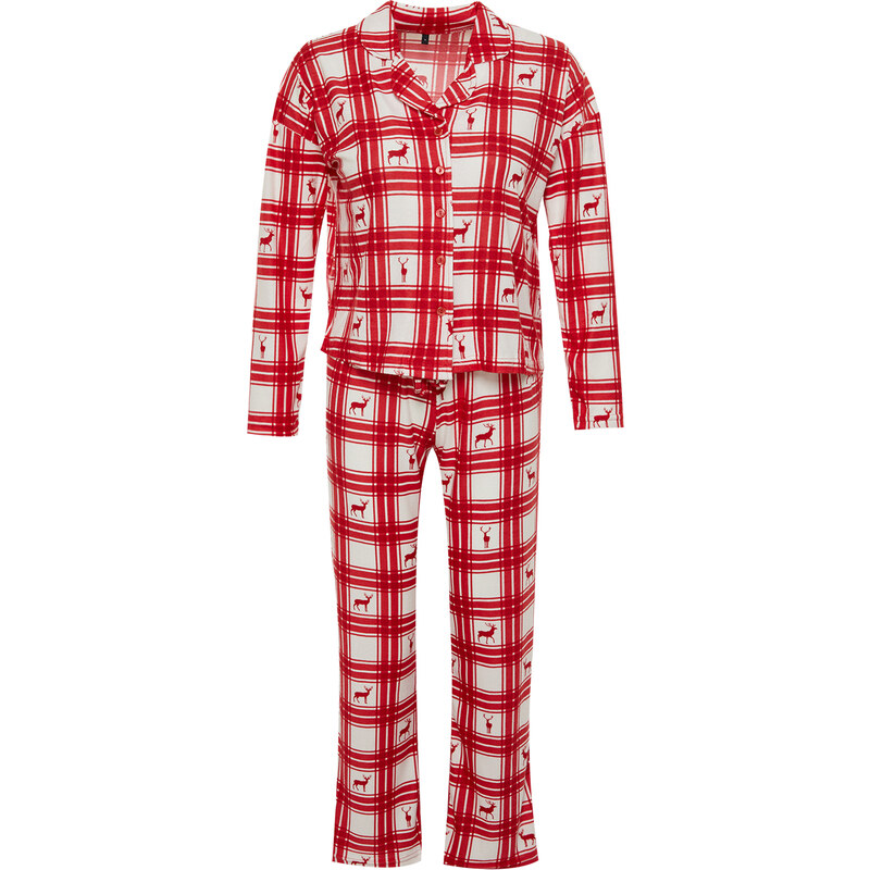 Trendyol Red Deer Printed Plaid Shirt-Pants Knitted Pajamas Set