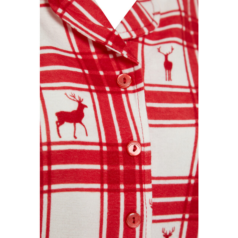 Trendyol Red Deer Printed Plaid Shirt-Pants Knitted Pajamas Set