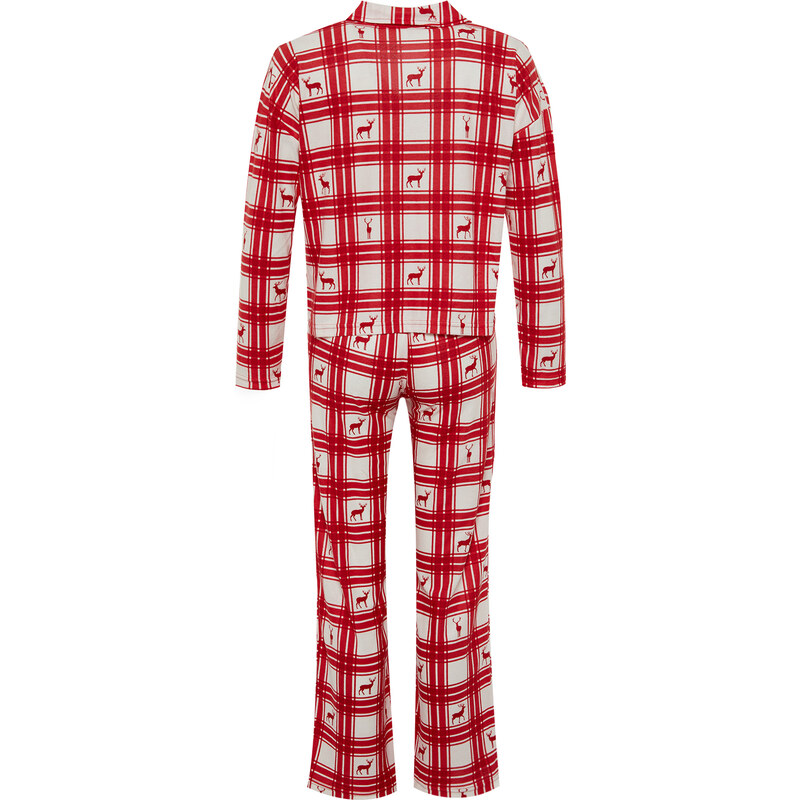 Trendyol Red Deer Printed Plaid Shirt-Pants Knitted Pajamas Set