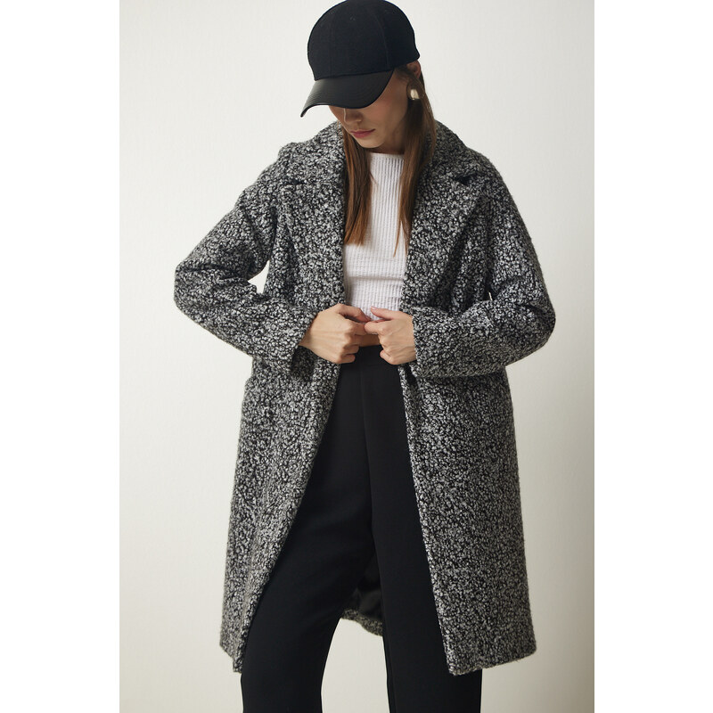 Happiness İstanbul Women's Black Double Breasted Collar Pocket Boucle Coat