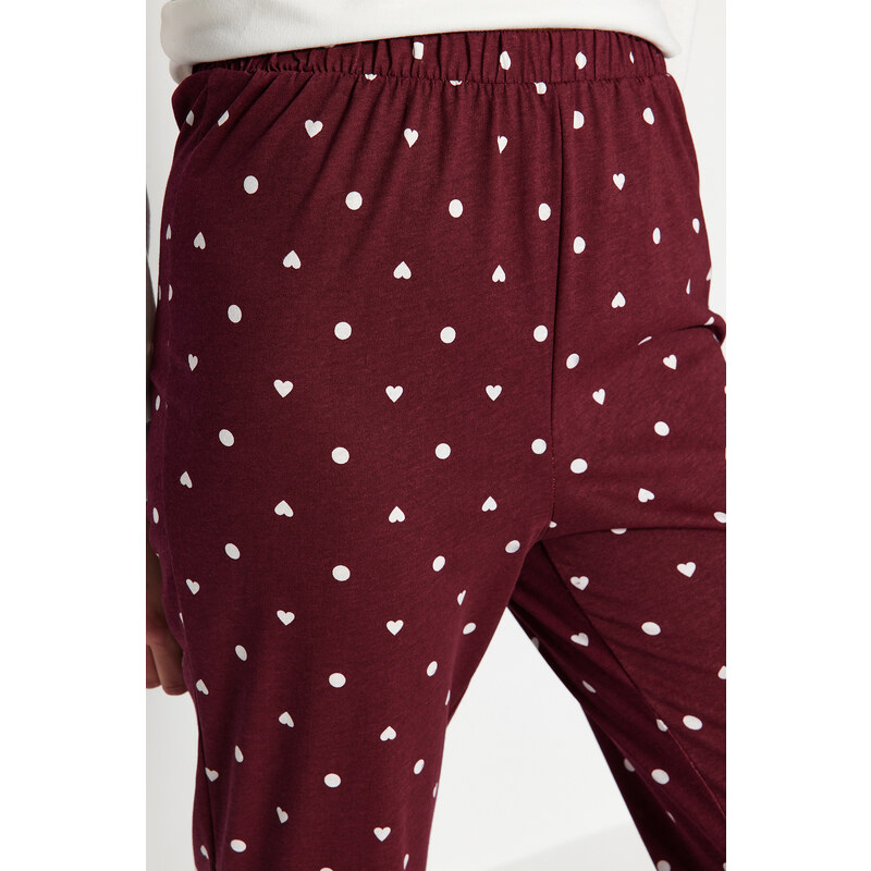 Trendyol Claret Red 100% bavlna Srdce Puntíky Pletené pyžamové kalhoty
