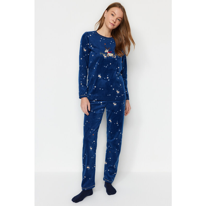 Trendyol Navy Blue Fleece Star Embroidery Detailed Tshirt-Pants Knitted Pajamas Set