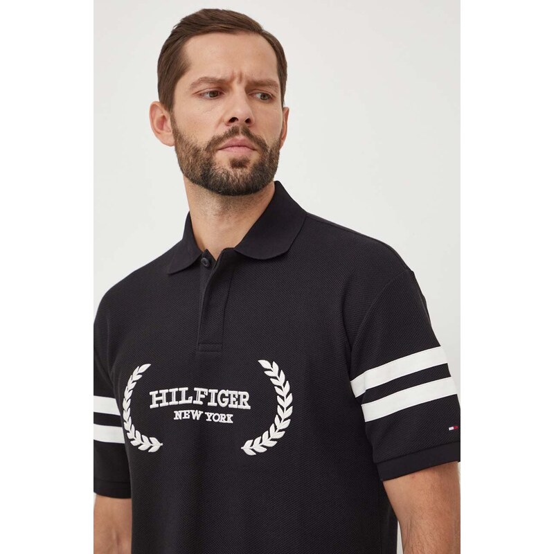 Bavlněné polo tričko Tommy Hilfiger černá barva, s aplikací