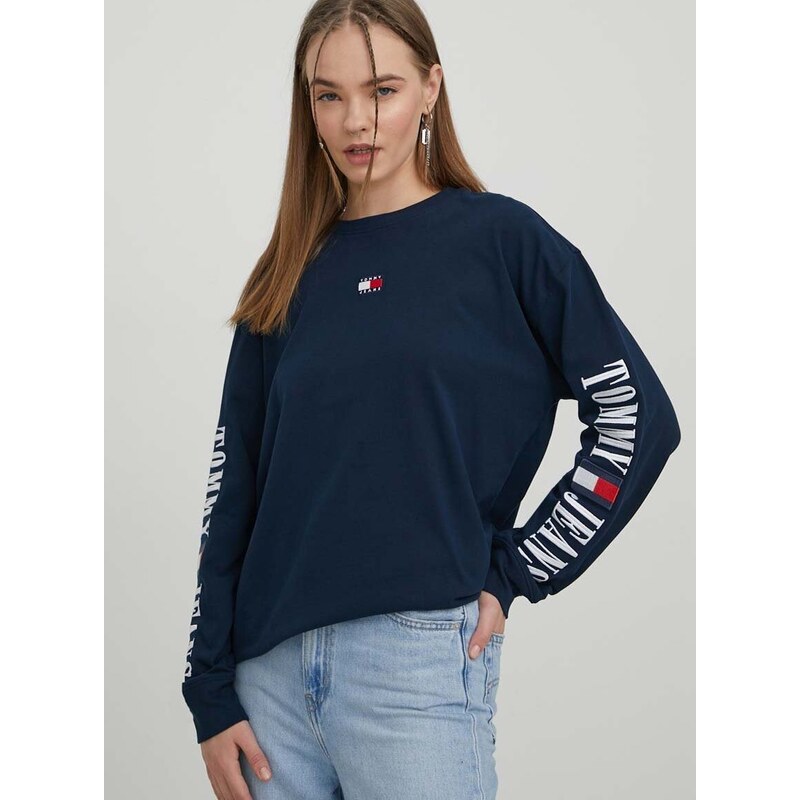 Bavlněné tričko s dlouhým rukávem Tommy Jeans tmavomodrá barva