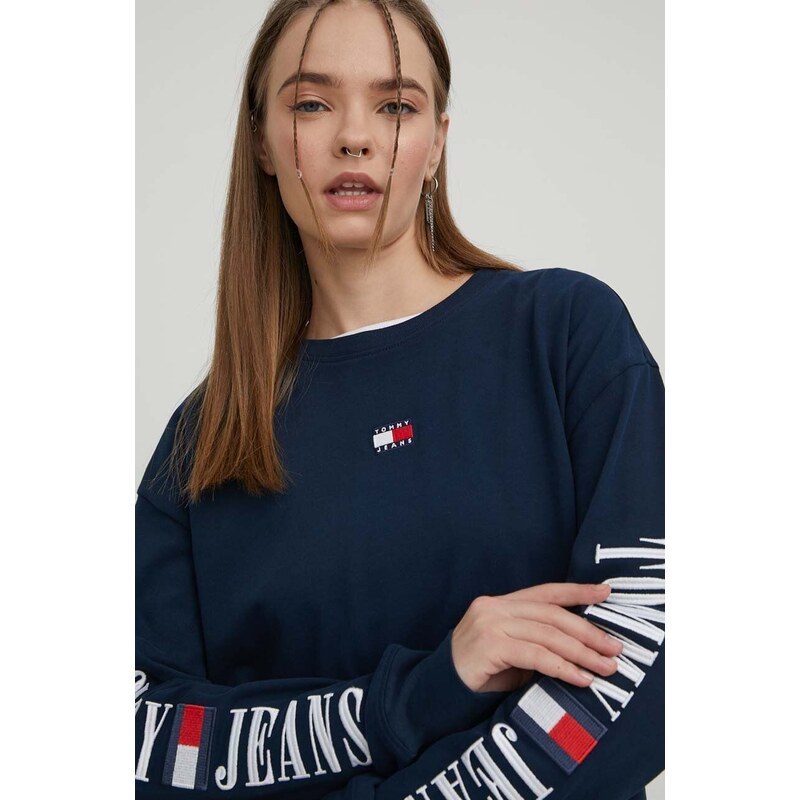 Bavlněné tričko s dlouhým rukávem Tommy Jeans tmavomodrá barva