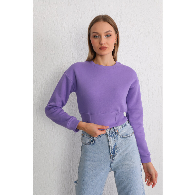 BİKELİFE Women's Lilac Waist Band Detail Fleece Knitted Sweatshirt Crop