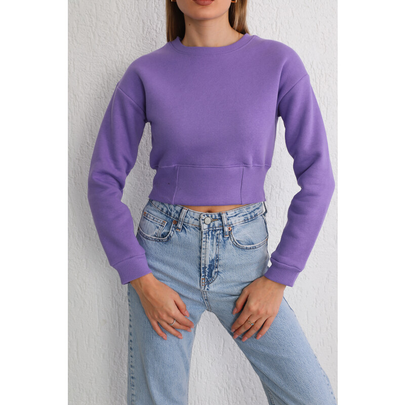 BİKELİFE Women's Lilac Waist Band Detail Fleece Knitted Sweatshirt Crop