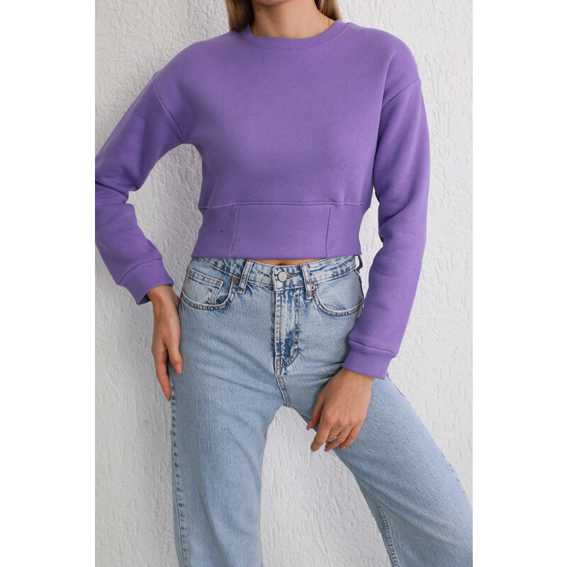 BİKELİFE Women's Lilac Waist Band Detail Fleece Knitted Sweatshirt Crop