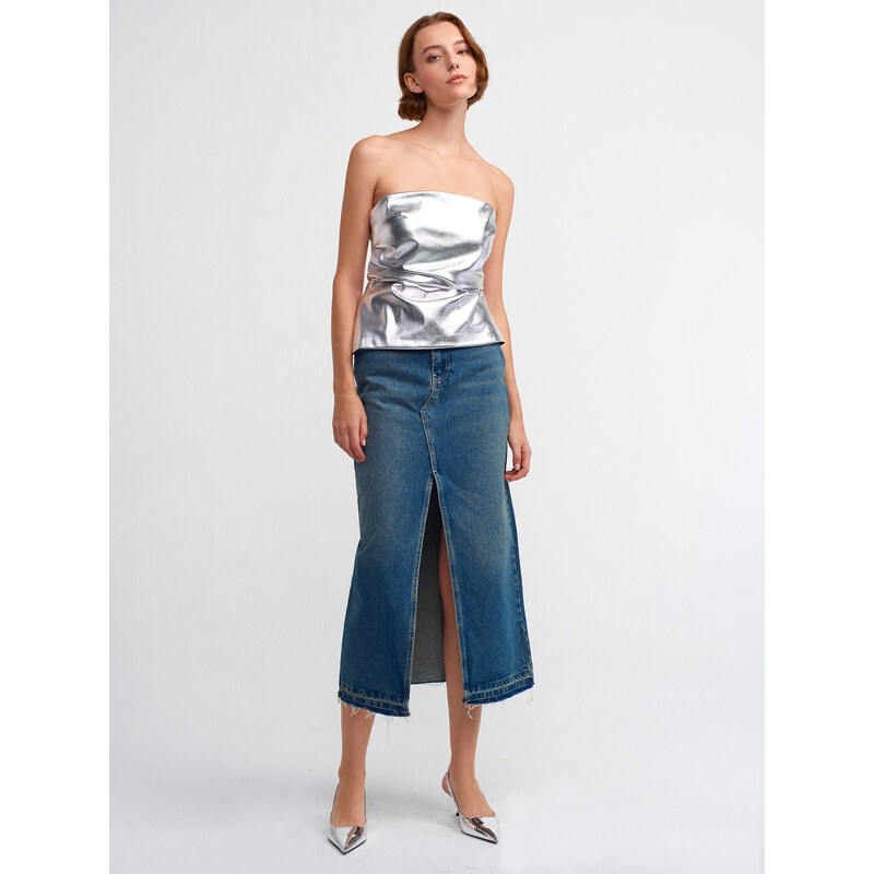 Dilvin 80555 Long Denim Skirt with Traces on the Bottom-Tint