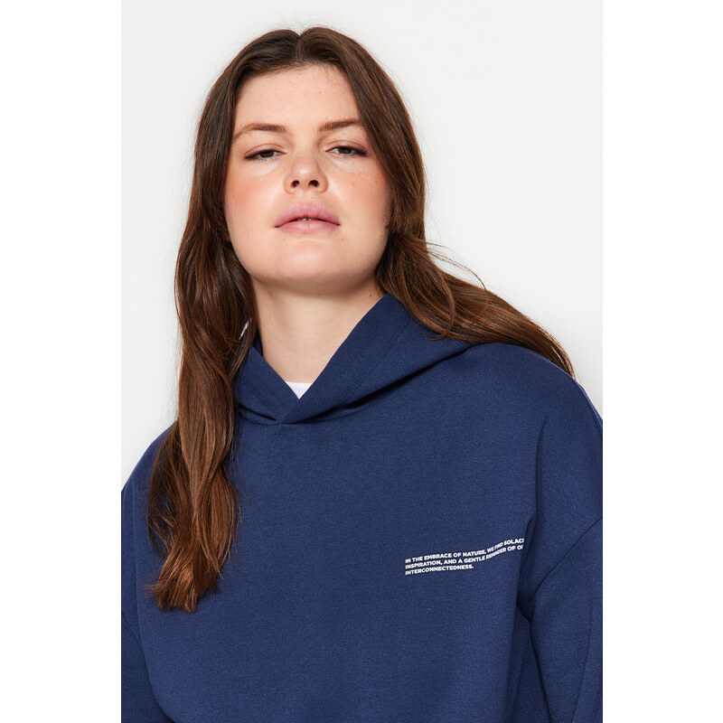 Trendyol Curve Navy Blue Thick Inside Fleece Printed Detailed Knitted Sweatshirt