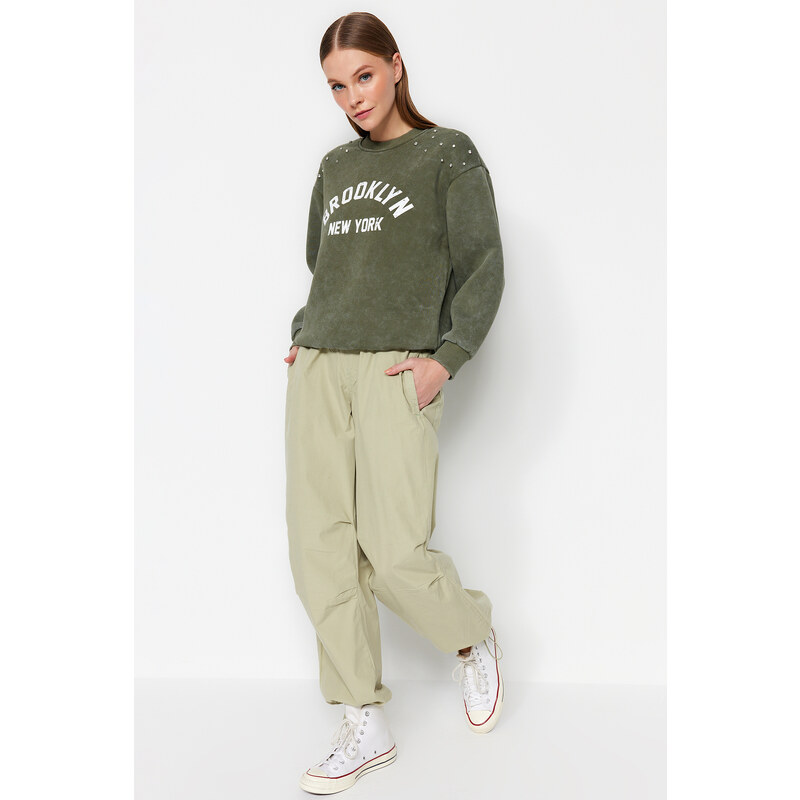 Trendyol Khaki Aged/Faded Effect Thick Fleece Stone and Print Detail Regular Knitted Sweatshirt