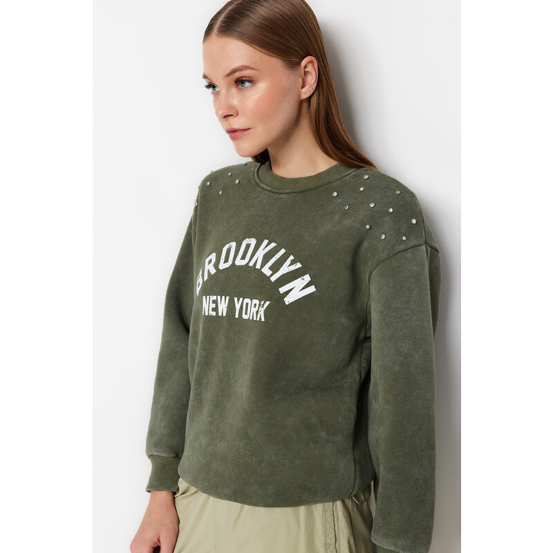 Trendyol Khaki Aged/Faded Effect Thick Fleece Stone and Print Detail Regular Knitted Sweatshirt