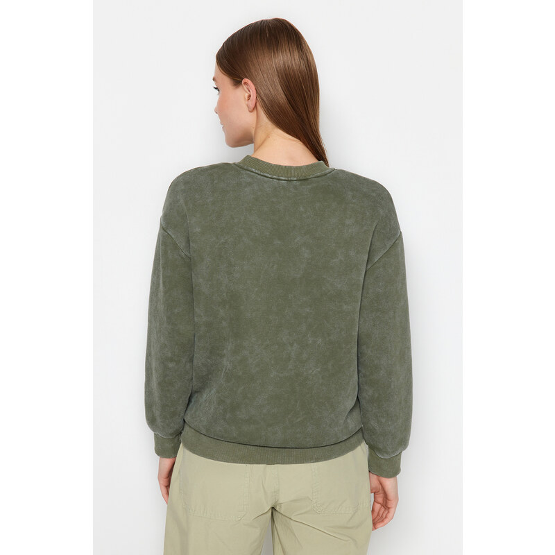 Trendyol Khaki Aged/Faded Effect Thick Fleece Stone and Print Detail Regular Knitted Sweatshirt