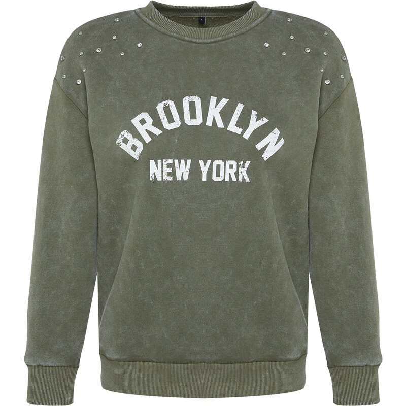 Trendyol Khaki Aged/Faded Effect Thick Fleece Stone and Print Detail Regular Knitted Sweatshirt