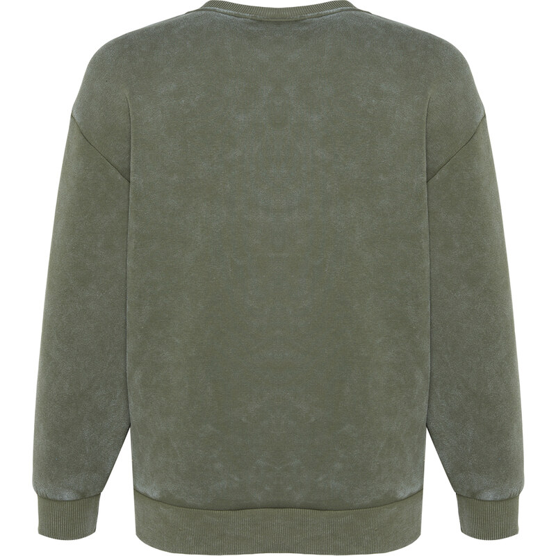 Trendyol Khaki Aged/Faded Effect Thick Fleece Stone and Print Detail Regular Knitted Sweatshirt