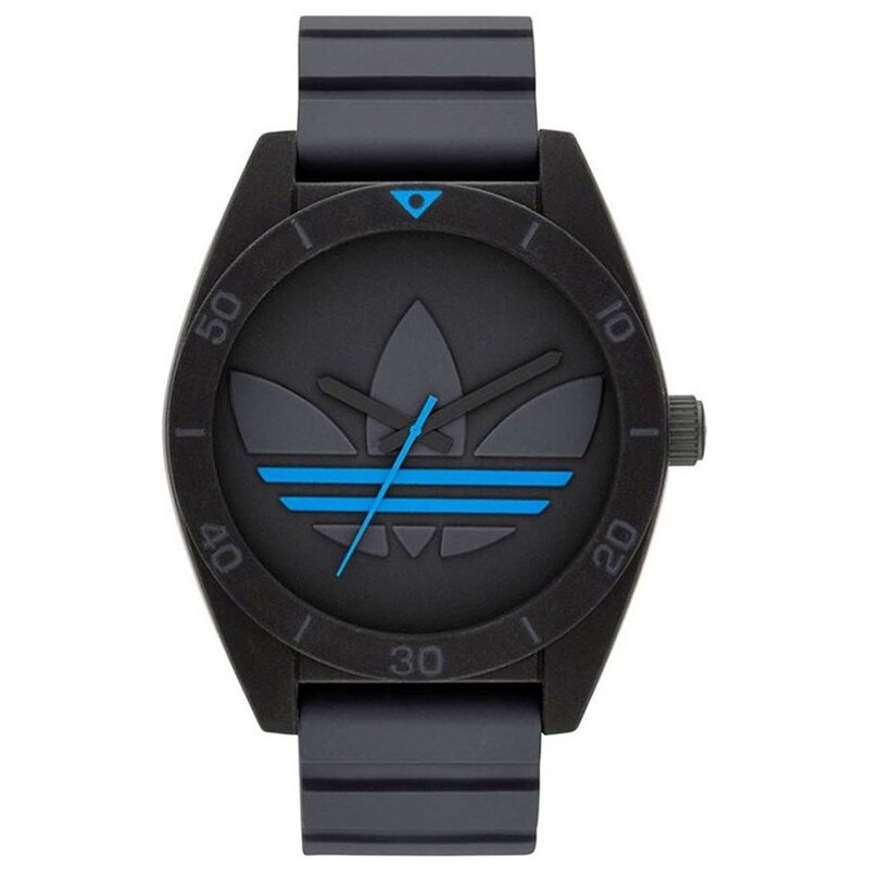 Černé unisex hodinky s modrým znakem na ciferníku adidas Originals Santiago