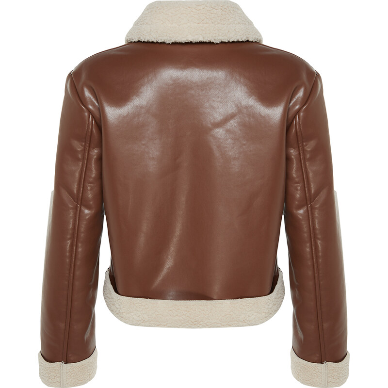 Trendyol hnědý semišový plyšový kabát s detailem motorkářská bunda
