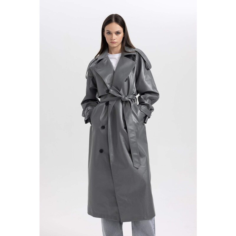 DEFACTO Relax Fit Faux Leather Trenchcoat