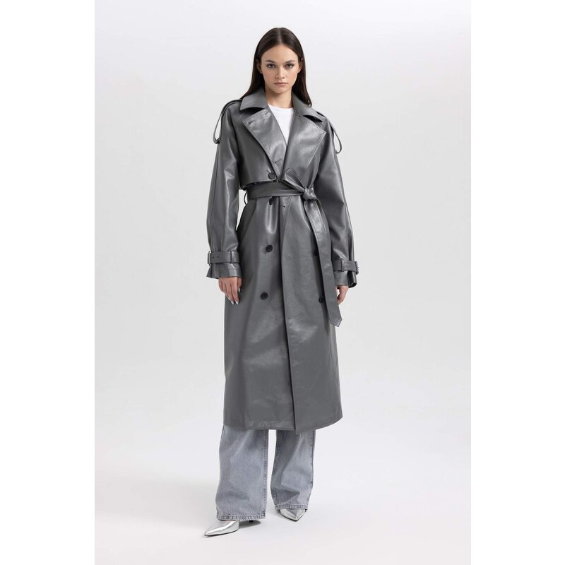 DEFACTO Relax Fit Faux Leather Trenchcoat