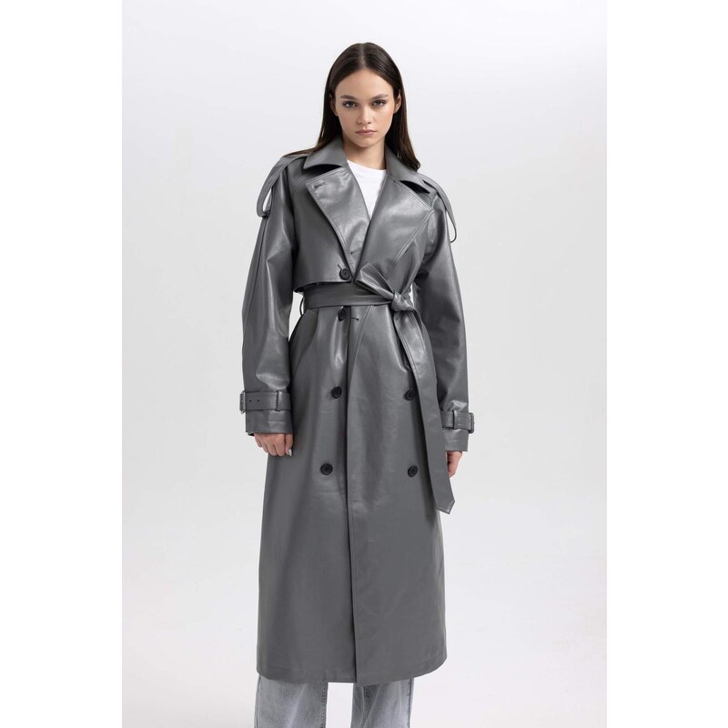 DEFACTO Relax Fit Faux Leather Trenchcoat