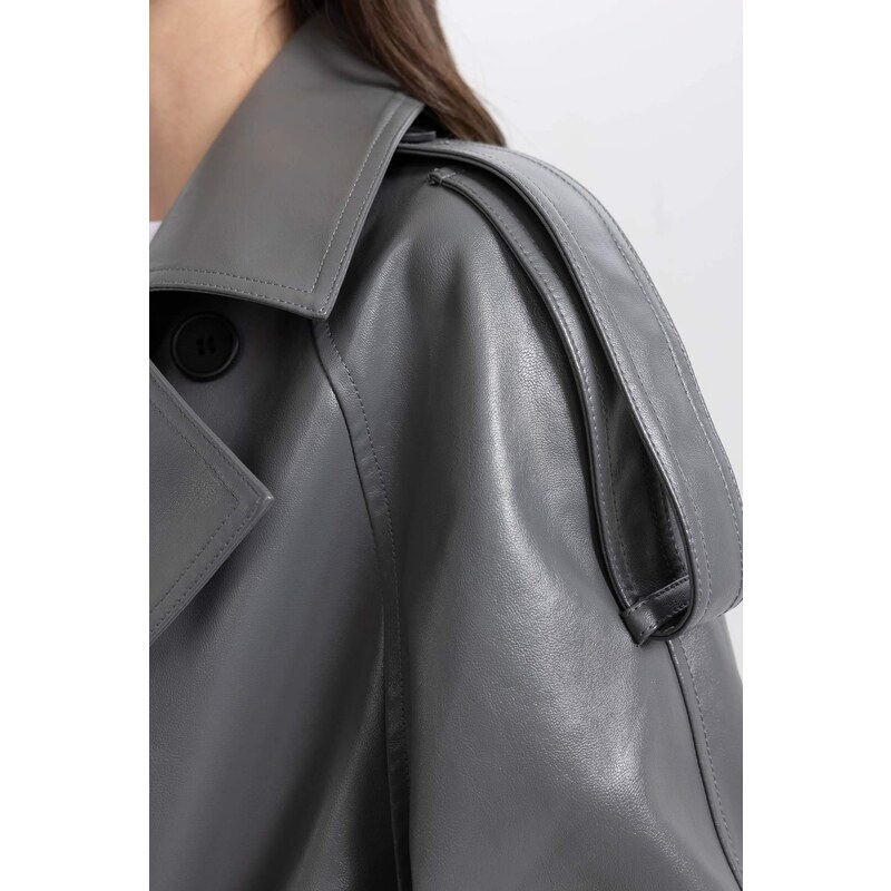 DEFACTO Relax Fit Faux Leather Trenchcoat