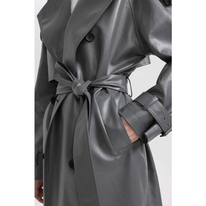 DEFACTO Relax Fit Faux Leather Trenchcoat