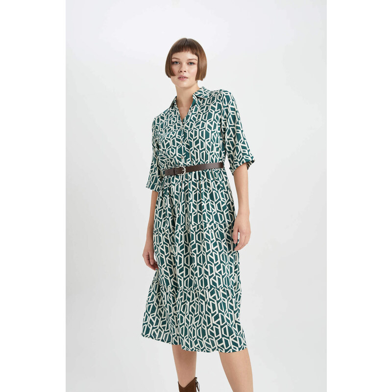 DEFACTO Shirt Collar Printed Midi Long Sleeve Dress