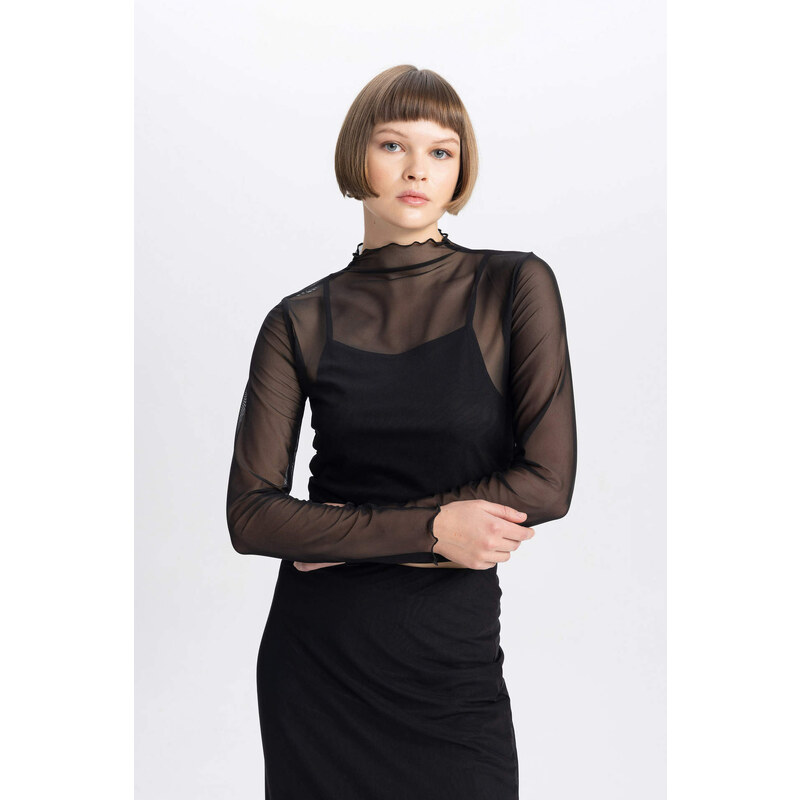 DEFACTO Slim Fit Half Turtleneck Tulle Long Sleeve T-Shirt