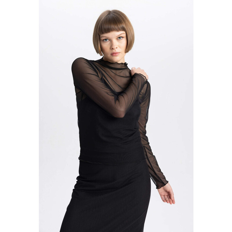 DEFACTO Slim Fit Half Turtleneck Tulle Long Sleeve T-Shirt